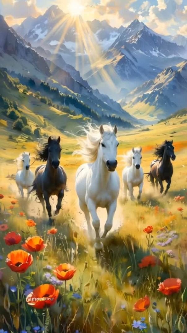 Cavalos galopando pela natureza repleta de flores e montanhas verdejantes, sob o sol radiante, livre