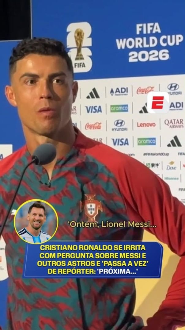 ⁣EITA! 🇵🇹🔥  Após ser questionado três vezes sobre Lionel Messi, Cristiano Ronaldo se irritou e passo