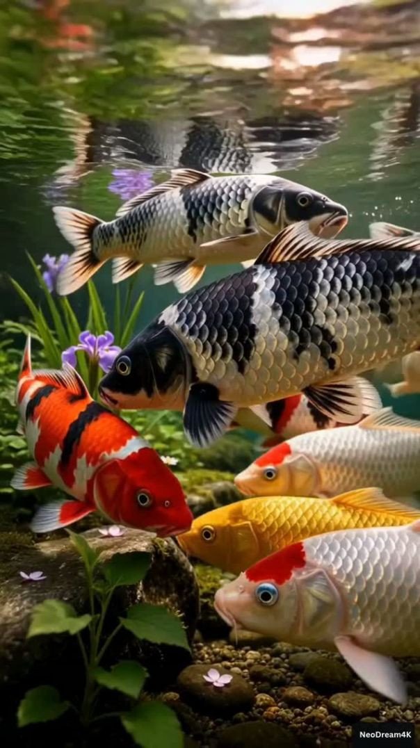 carpas Koi deslizando tranquilamente por um canal cristalino no campo. 🐟🌸🍃